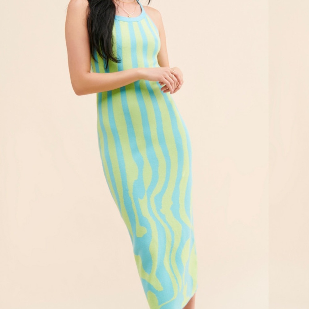 Another Girl Wavy Stripe Knit Dress Green Blue Sleeveless Crossover Midi Sz XS